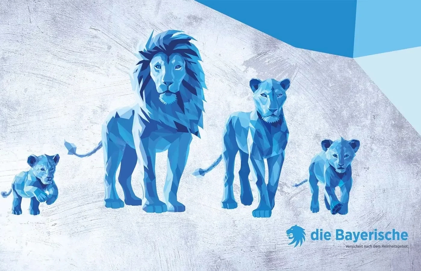Die Bayerische Versichrung - Banner mit illustrierter Löwen-Familie